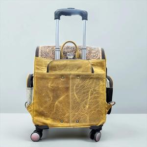 Ensemble de bagages et de porte-documents en cuir artisanal de haute qualité, sacs à roulettes floraux de style western avec valise de voyage vintage en cuir de vachette - Product Image 4