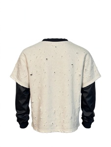 Custom Vintage Oversized for Distressed Rhinestone Cross Graphic Layered Fake Two Piece Faux Leather Sleeve Men Streetwear - Product Image 5
