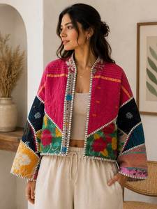 Veste courte en coton floral respirant, patchwork réversible, style bohème, faite à la main en Inde, pour femmes, automne/hiver - Product Image 1