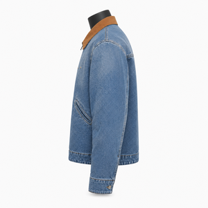 Veste en jean vintage pour homme, fermeture éclair, col en velours côtelé contrastant, style streetwear décontracté, fabricant OEM ODM - Product Image 5