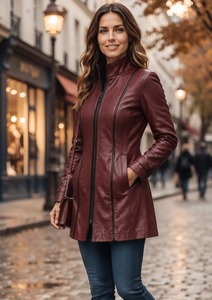 <b>Womens</b> Genuine Sheepskin Leather Mid Length <b>Coat</b> Stand Collar Contrast Piping Zipper - Product Image 1