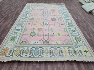 Abstract Area Rug Rectangle Pink Green Hand Tufted Wool Silk Flat Pile Eco Friendly Pet Friendly Stain Resistant Living Room - Product Image 2