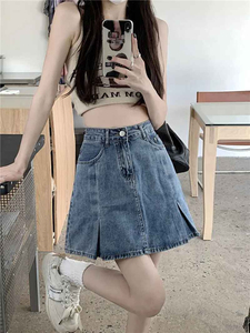 Women High Waist <b>Denim</b> Mini <b>Skirt</b> A-Line Pleated Casual Solid Washed Style All Seasons Comfortable Woven Fabric - Product Image 5