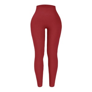 Leggings de Yoga de Cintura Alta, Acanalados, Largos, Color Morado Sólido, Sin Costuras, Elásticos en Cuatro Direcciones, Transpirables, con Cintura Elástica, Pantalones de Spandex/Nailon - Product Image 4