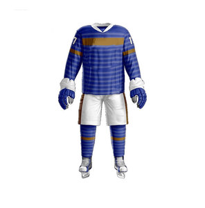 Jersey de Hockey sobre Hielo Personalizado para Hombre, con Rayas Azules, Pantalones Blancos y Guantes, Uniforme Sublimado de Poliéster, Ropa Deportiva de Invierno - Product Image 1