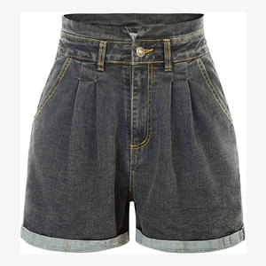 Shorts en jean délavé taille haute avec ourlet retroussé et fermeture boutonnée pour femme, style décontracté - Product Image 2