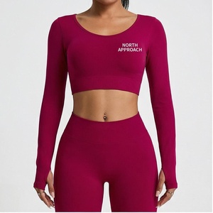 Conjunto de Yoga de 2 Piezas North Approach, Top Corto de Manga Larga, Leggings de Cintura Alta, Color Borgoña Sólido, Spandex, Poliéster, Ropa Deportiva Elástica - Product Image 1