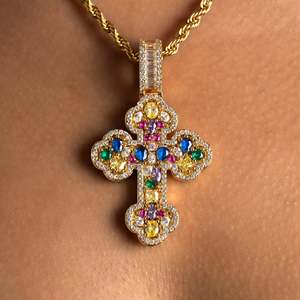 Luxury Colorful Gemstone Cross Pendant <b>Necklace</b> 18K Gold Plated Moissanite Religious Charm Rope Chain Unisex Jewelry - Product Image 1