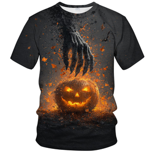 Camiseta de Halloween para hombre al por mayor, barata, con estampado 3D por sublimación de calavera de calabaza enojada y llamas góticas, de manga corta y cuello redondo - Product Image 6