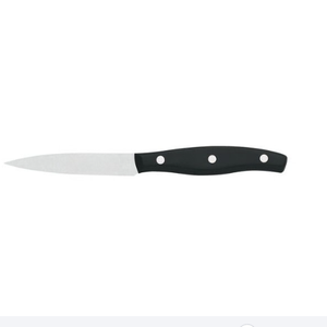 Porte-couteaux en bois brun clair avec manches rivetés noirs, lames argentées et ciseaux pour la découpe et la préparation des aliments à la maison - Product Image 5