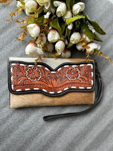 La más nueva gran oferta, Cartera de pulsera de cuero con pelo en flores para mujer, funda de teléfono de cuero genuino occidental y monedero con tarjetero - Product Image 2