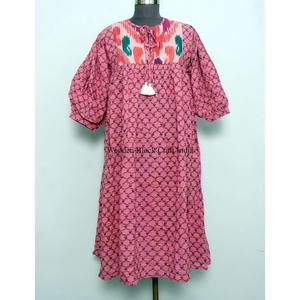 เดรสผ้าฝ้ายน้ำหนักเบาสำหรับผู้หญิง สไตล์ลำลอง พิมพ์ลายบล็อก แต่งพู่ห้อย  ชุดเดรสยาวปานกลางสำหรับฤดูร้อน  ชุดทูนิคนุ่มสบายสำหรับใส่ไปงานปาร์ตี้ - Product Image 1