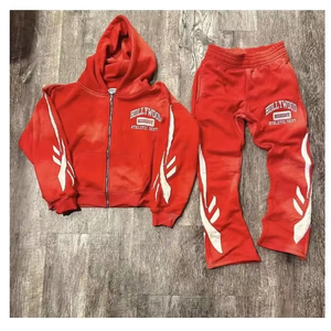 Conjunto de Sudadera con Capucha y Pantalones Acampanados para Hombre, de Forro Polar, 100% Algodón, Transpirable, con Efecto Desgastado por el Sol, con Cremallera, ODM, Primavera - Product Image 2