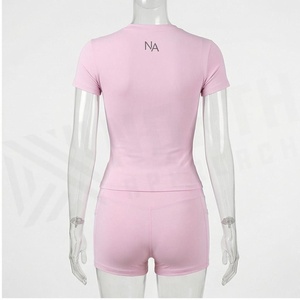 Conjunto de Yoga de 2 Piezas North Approach, Color Rosa, Cuello Redondo, Manga Corta, Cintura Media, Ropa Deportiva Transpirable, Logotipo Frontal, Sin Costuras - Product Image 2