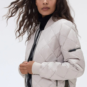 Chaqueta Bomber Acolchada Gris Claro para Mujer, Manga Larga, Cierre de Cremallera, Cuello Alto, Ropa Casual de Invierno - Product Image 3