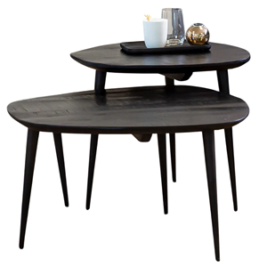 Ensemble de deux tables basses style industriel en métal et bois avec plateau en bois de manguier noir et base pliante en fer pour salon - Product Image 1