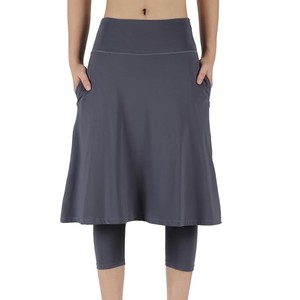 Women Modest <b>Skirt</b> High Waist Solid <b>Grey</b> Color A-Line <b>Skirt</b> With Pockets Breathable Knitted Casual All Seasons - Product Image 1