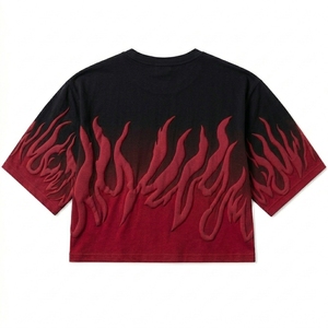 Men's Crop Oversized Puff Print <b>Flame</b> T-<b>Shirt</b> 100% Cotton Knitted Streetwear 240g Heavyweight Logo Breathable Tee - Product Image 4