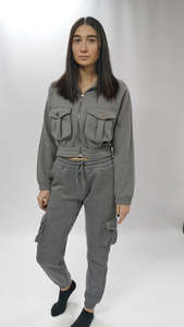 Women Gray Full Sleeve <b>Tracksuit</b> Solid Color Casual Jogger Set Zipper Fly Side Pockets Elastic Waist Midweight Cotton Autumn - Product Image 3