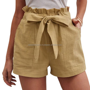 Derniers shorts décontractés taille haute pour femmes Ourlet à volants uni avec cordon de serrage Respirant Tissé écologique avec poches Motif chaud - Product Image 4
