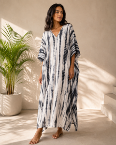 Black <b>White</b> Tie Dye Eco-Friendly Cotton Kaftan <b>Maxi</b> Dress V Neck Modern Bohemian Party Wear Kimono Robe - Product Image 4