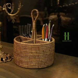 TOP SELLER Eco-Friendly Rattan <b>Kitchen</b> Utensil Organizer Basket Maddy <b>Caddy</b> Multi Compartment Storage for Spoon Fork Knife - Product Image 1