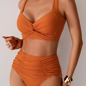 Women Solid Color 2 Piece <b>Bikini</b> <b>Set</b> Twist Front High Waist <b>Push</b> <b>Up</b> Swimwear Ruched Plunge Neck Spandex Polyester Stretch - Product Image 3
