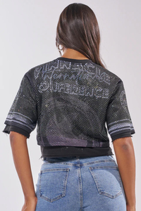 Glitter Print <b>Mesh</b> <b>Crop</b> <b>Top</b> Short Sleeve Breathable Street Style Casual Shirt Women Summer Fashion - Product Image 3