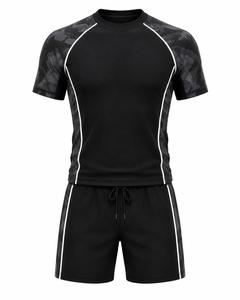 Men's Black <b>Camo</b> Print Full Sleeve Rash Guard Anti-UV Quick Dry Breathable Eco-Friendly Spandex Swim <b>Top</b> White Stripe Detailing - Product Image 2