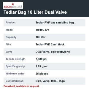 ถุงเก็บตัวอย่างก๊าซ TECHINSTRO Tedlar ขนาด 10 ลิตร ฟิล์ม PVF วาล์วคู่ ป้องกันการรั่วซึม สำหรับการเก็บตัวอย่างก๊าซในอากาศ VOC และดิน - Product Image 6