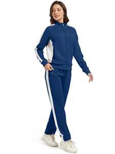 Ensemble de survêtement d'hiver pour femmes, 2 pièces, couleur unie, bleu marine avec bande latérale blanche, sweat-shirt et pantalon, vêtements de sport décontractés - Product Image 4