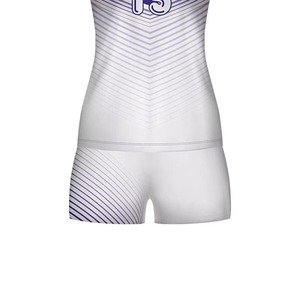ชุดวอลเลย์บอลหญิงสั่งทำพิเศษ สีม่วงขาวลายทาง พิมพ์ลายแบบ Sublimation ผ้าโพลีเอสเตอร์ 100% ระบายเหงื่อได้ดี ทรงพอดีตัว แขนสั้น - Product Image 5
