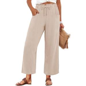 กางเกงขาบานผ้าลินินเอวสูงสำหรับผู้หญิง, กางเกงลำลองขายาวมีกระเป๋าดีไซน์ระบายอากาศได้ดีมี2025 - Product Image 3