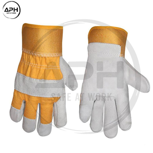 Gants de travail en cuir croûte premium, paume renforcée, dos en toile orange, patch de pouce, manchette longue, gants utilitaires robustes pour manutention intensive - Product Image 3