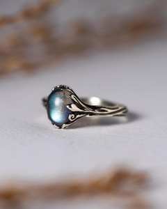 Labradorita, Plata de Ley 925, Chapado en Oro de 14k, Certificado IGI, Alta Calidad, Anillo de Compromiso Art Deco para Mujer, Oro Negro, Piedra de Nacimiento - Product Image 3