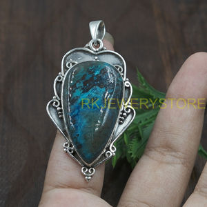 Pendentif en Azurite Chrysocolle Naturelle, Argent Sterling 925, Fait Main, Forme Bouclier Vintage, Bijou Bohème Tendance, Cadeau pour Femme et Homme - Product Image 5