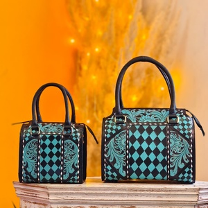 Sky Blue Black Color Hand <b>Tooled</b> Florals Carved Checkered Diamond Pattern 100% Genuine <b>Leather</b> Luxury High Quality Mini Speedy - Product Image 5