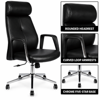 Chaise de bureau exécutive ergonomique moderne et épurée à dossier haut en cuir PU, base chromée, hauteur réglable, pivotante, pour hôpital et école