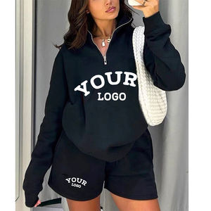 Conjunto de 2 piezas de pantalones cortos para mujer, de algodón tejido negro, ajuste holgado, estampado de letras, ropa deportiva informal para primavera y verano, top con cremallera y pantalones cortos - Product Image 2