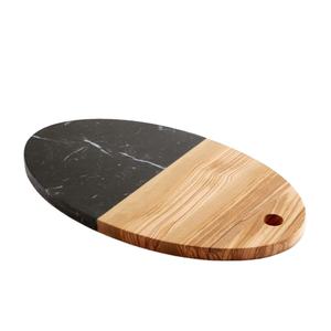 Planche à découper ovale moderne en marbre noir et bois, double matériau, plateau de service pour la cuisine, plateau à fromages et charcuterie - Product Image 1