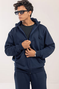 Nueva Llegada, Sudadera con Capucha y Cremallera de Primera Calidad, 100% Algodón, para Hombre, Azul Marino, Cómoda, Relajada, Casual, Resistente al Viento - Product Image 4