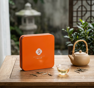Caja de hojalata metálica cuadrada naranja personalizada con tapa para té, superventas en China - Product Image 1