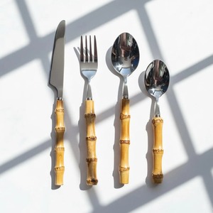 Ensemble d'ustensiles à salade en bambou avec couteau, fourchette et cuillère, écologiques, compatibles lave-vaisselle, ustensiles manuels - Product Image 1