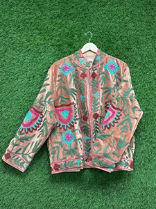Artisan Pink Suzani <b>Velvet</b> <b>Jacket</b> Multicolor Floral Embroidery Stand Collar Bohemian Vintage <b>Women</b> Outerwear - Product Image 3