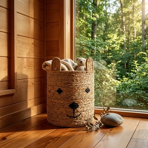 Natural Fiber Storage Basket Bear Woven Bin Handmade Animal <b>Hamper</b> Balinese Artisan Novelty Organizer Kids Supply Home Decor - Product Image 2