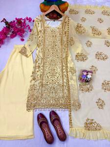 Ensemble de costume palazzo beige brodé, Kurti et Dupatta à sequins épais, tenue de fête et de mariage pour femme brodée de fleurs - Product Image 2