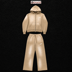 Ensemble de survêtement premium beige à capuche zippé pour homme, personnalisable avec logo, en molleton décontracté, deux pièces, style streetwear et sportswear, vente en gros - Product Image 5