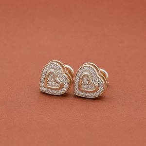 Moissanite Diamond <b>Heart</b> Stud <b>Earrings</b> in Sterling <b>Silver</b> with S925 Finish and Double <b>Heart</b> Pave Design - Product Image 2