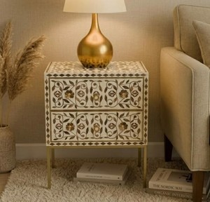 Designer Resin Bone Inlay Nightstand With 3 Drawer Handmade Floral <b>Bedside</b> Cabinet with <b>Gold</b> Metal Base Luxury Bedroom Furniture - Product Image 3