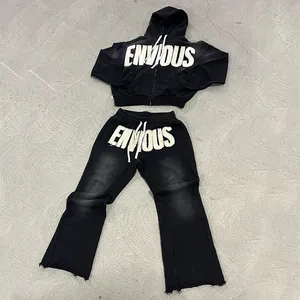 Conjunto Deportivo Unisex Estilo Urbano, Sudadera con Capucha Negra con Estampado Tie Dye y Letras Blancas, Pantalones Deportivos Anchos a Juego, Corte Holgado - Product Image 4